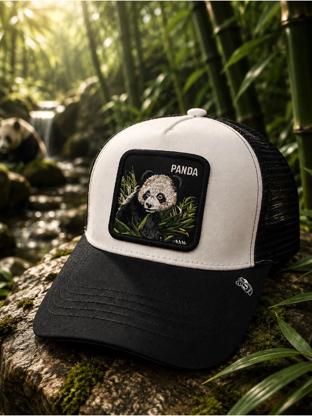 Panda Embroidered Trucker Snapback Hat – Black & White Mesh Cap